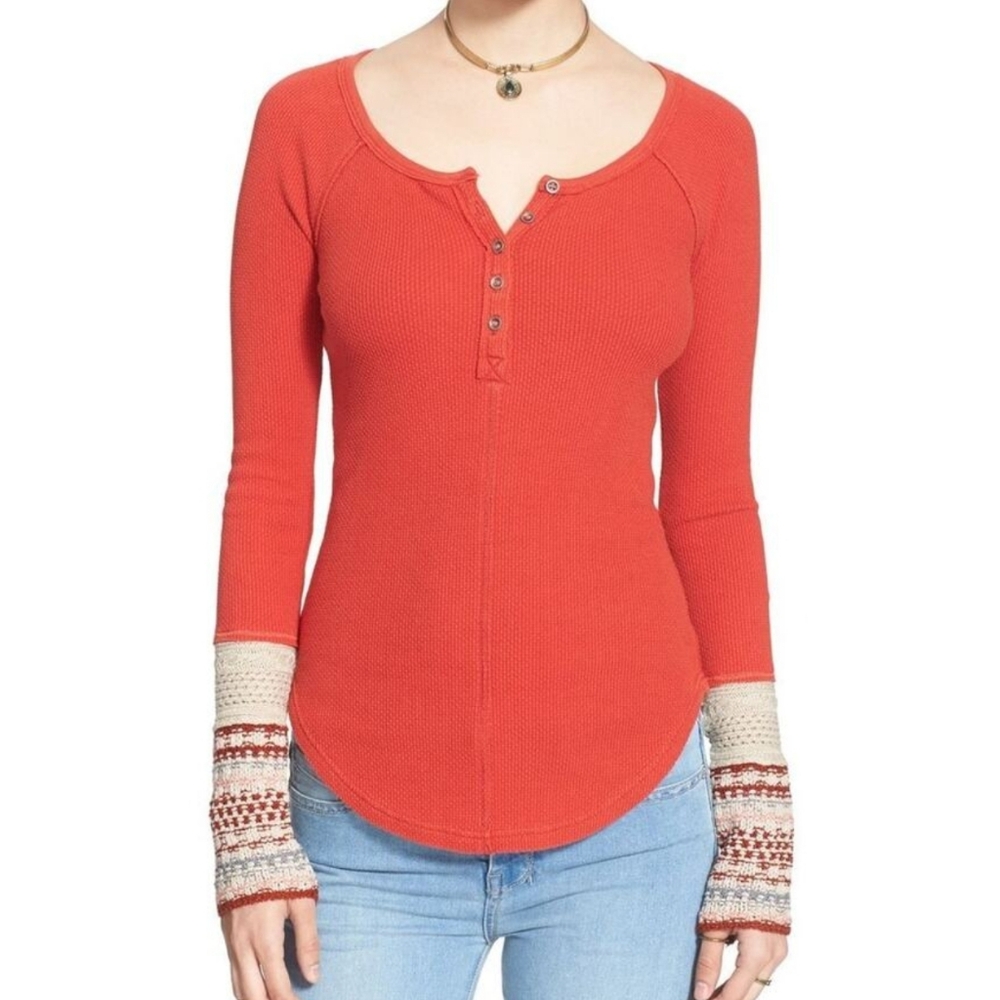 Free People Orange Henley with Patterned Sleeves